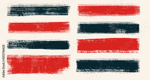 Set of straight ink vector lines pack for text. Long hand drawn brush stroke text highlights, frames. Asian calligraphy brushstroke. Chinese, Korean, Japanese Rough abstract color red, black scribbles