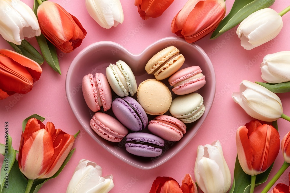 Romantic spring scene: heart-shaped bowl overflowing with colorful macarons, surrounded by red and white tulips on a pink background Romantic spring scene: heart-shaped bowl overflowing with colorful macarons, surrounded by red and white tulips on a pink background