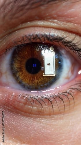 A close-up of a human eye with a small microchip implant visible in the iris.