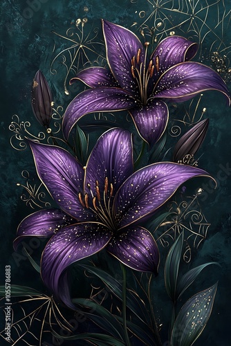 Elegant purple lilies a stunning botanical illustration celebrating nature's beauty with rich colors and intricate details photo