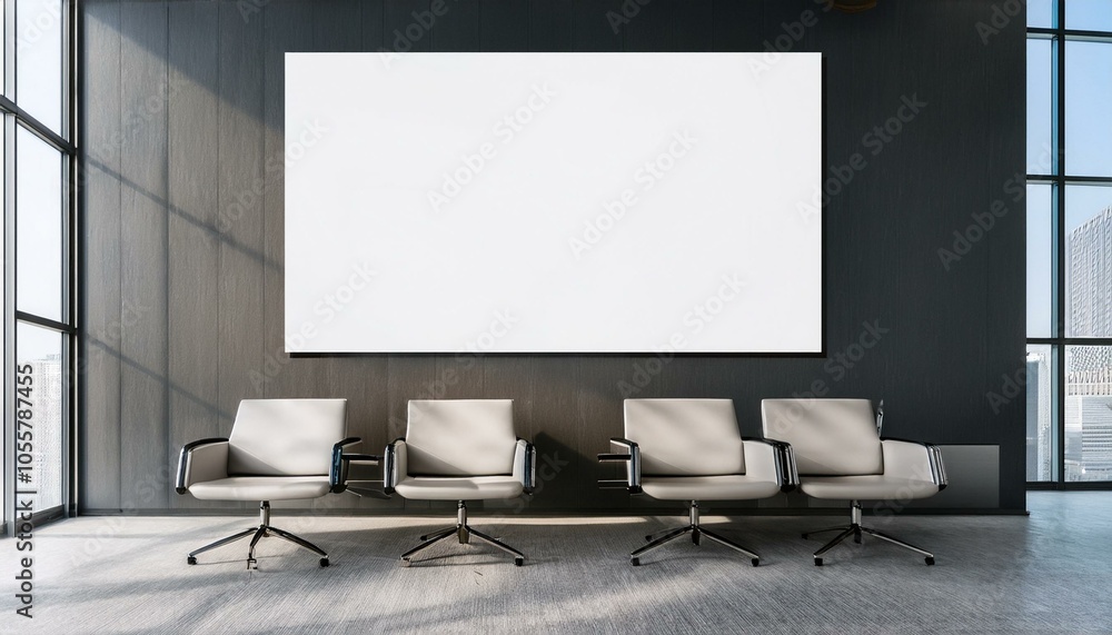 Empty modern office waiting area with large blank canvas on wall. 3D Rendering Empty modern office waiting area with large blank canvas on wall. 3D Rendering