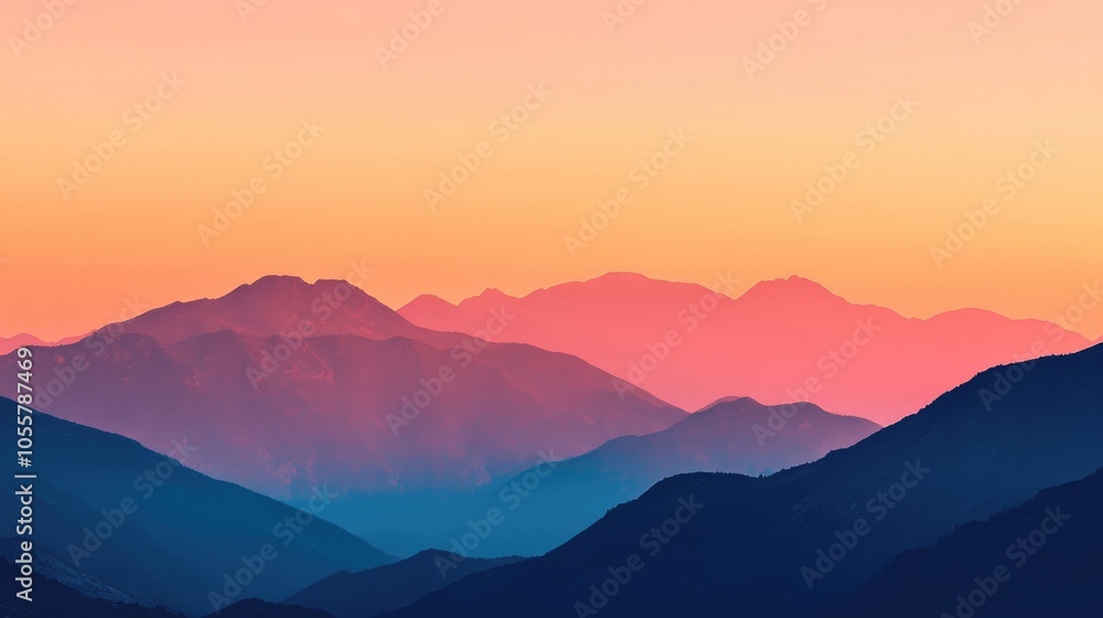 Obraz premium Serene sunset sky in shades of orange and pink featuring silhouetted mountains below perfect as a backdrop for subjects placed in the foreground