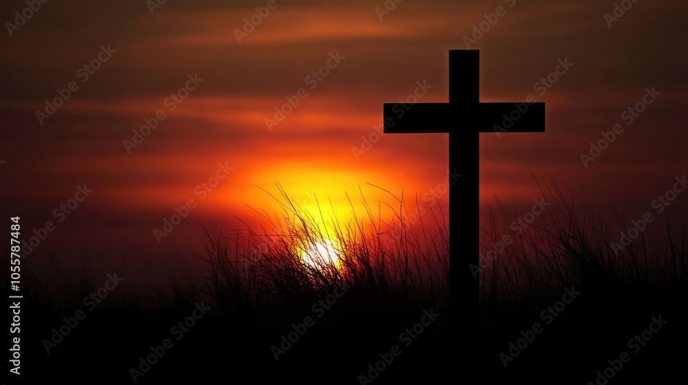 Silhouette of a cross at sunset representing the suffering death and resurrection of Jesus Christ Conceptual imagery for religion and worship events Silhouette of a cross at sunset representing the suffering death and resurrection of Jesus Christ Conceptual imagery for religion and worship events