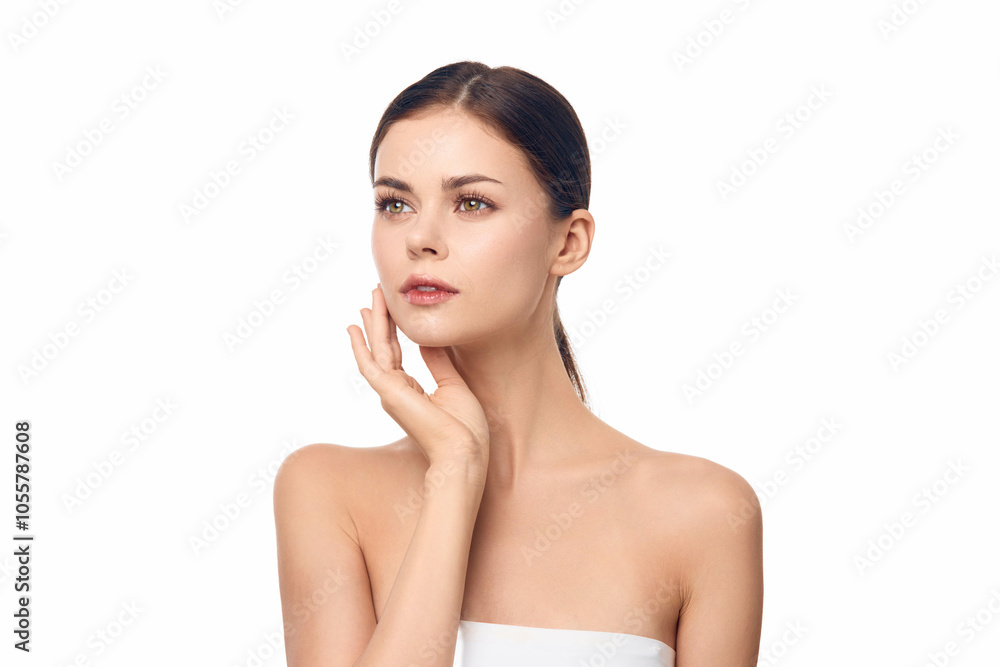 Beautiful young Asian make up woman touching her clean face with fresh healthy skin isolated on white background, beauty cosmetics and facial care concept Beautiful young Asian make up woman touching her clean face with fresh healthy skin isolated on white background, beauty cosmetics and facial care concept