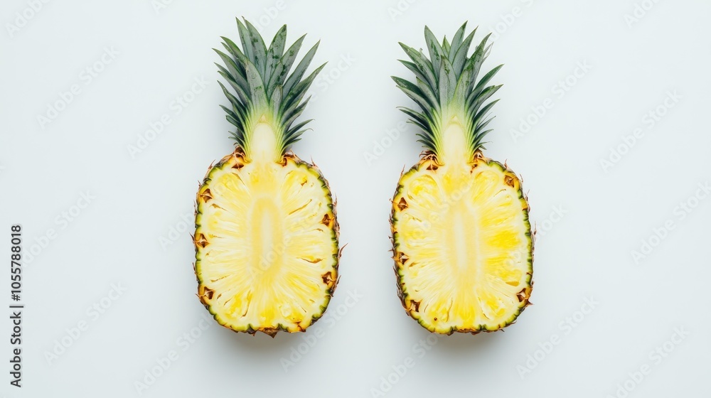 Halved pineapple displayed from above set against a white background Halved pineapple displayed from above set against a white background