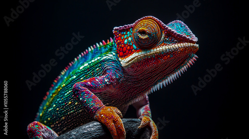 Stunning female Fischer's chameleon perched gracefully against a deep black background, showcasing its vibrant colors and intricate textures. photo