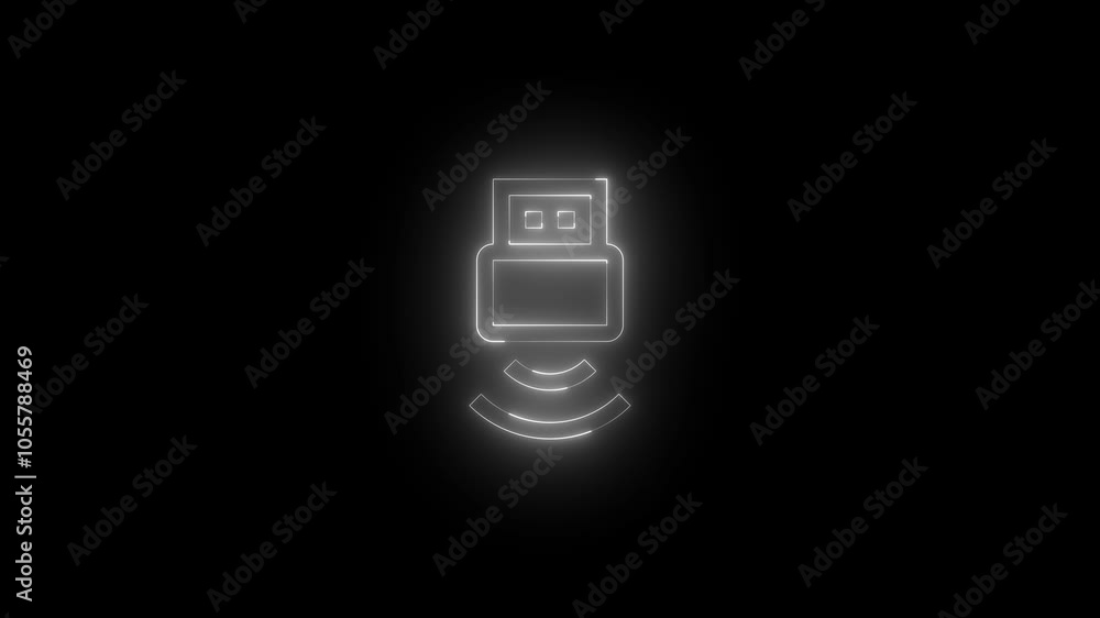Neon wireless usb icon glowing black background animation Neon wireless usb icon glowing black background animation