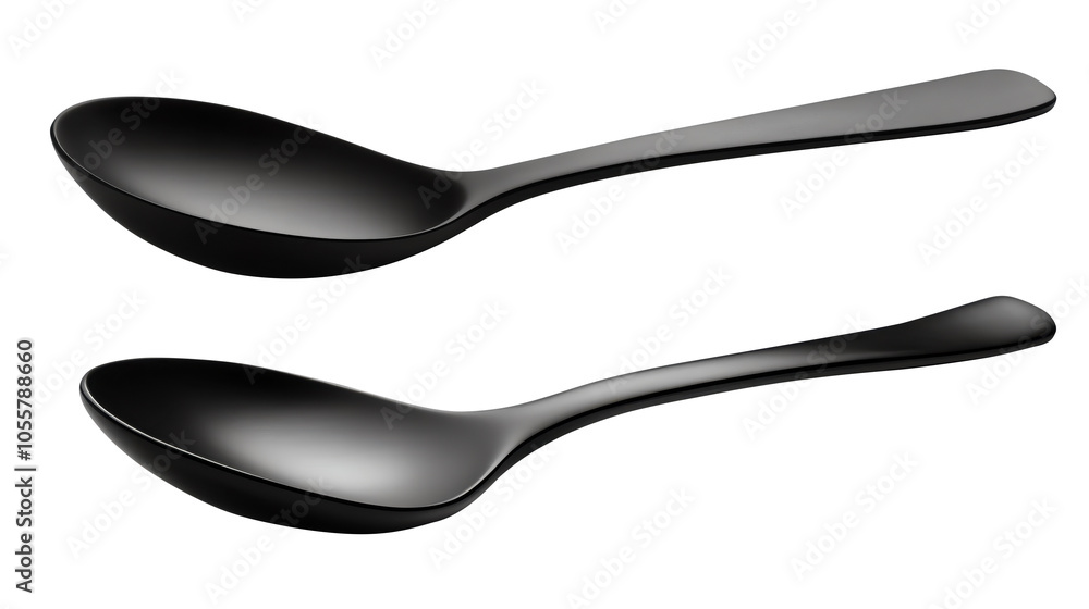 Two sleek black plastic spoons on transparent background.