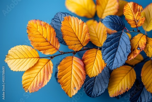 Vibrant Autumn Leaves Against a Blue Background for Seasonal Design and Decor