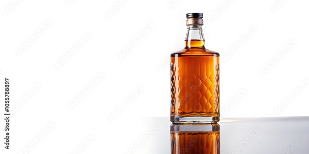 Isolated front shot of whiskey bottle on white background with reflection Isolated front shot of whiskey bottle on white background with reflection