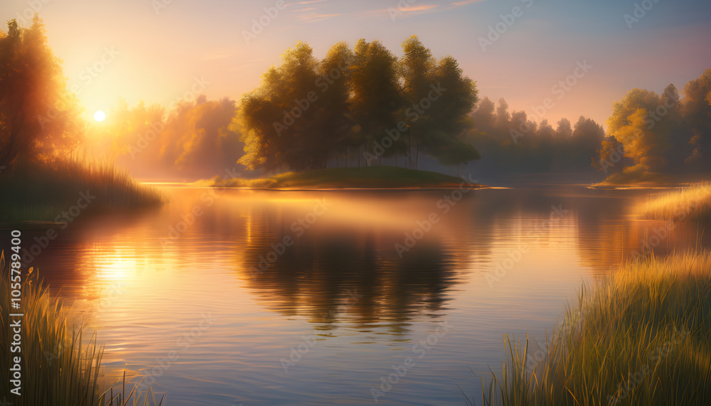 Obraz premium The evening sunlight on the lake has soft flares that spread out in circles, looking peaceful.