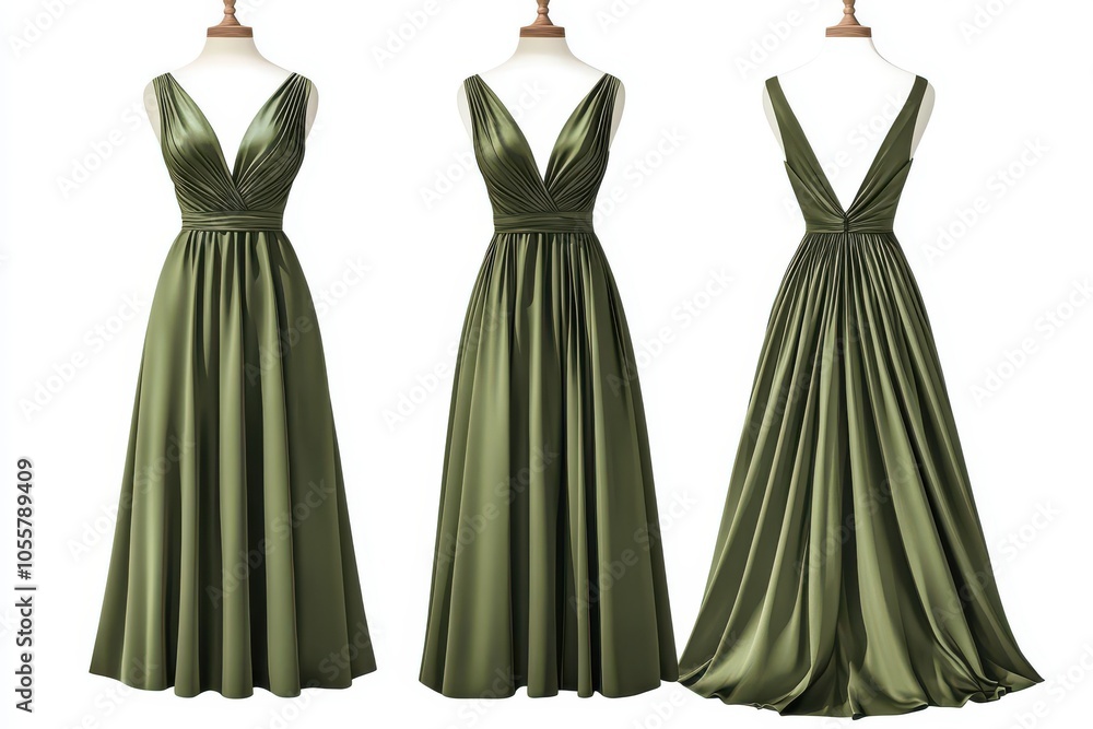 Green elegant evening dress with pleated design front and back views Green elegant evening dress with pleated design front and back views