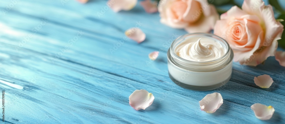 Cosmetic creams and rose flowers on a blue wooden tabletop Cosmetic creams and rose flowers on a blue wooden tabletop