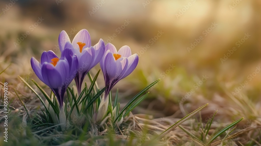 Purple crocus flowers blooming amidst a softly blurred grassy backdrop in the early spring season Purple crocus flowers blooming amidst a softly blurred grassy backdrop in the early spring season