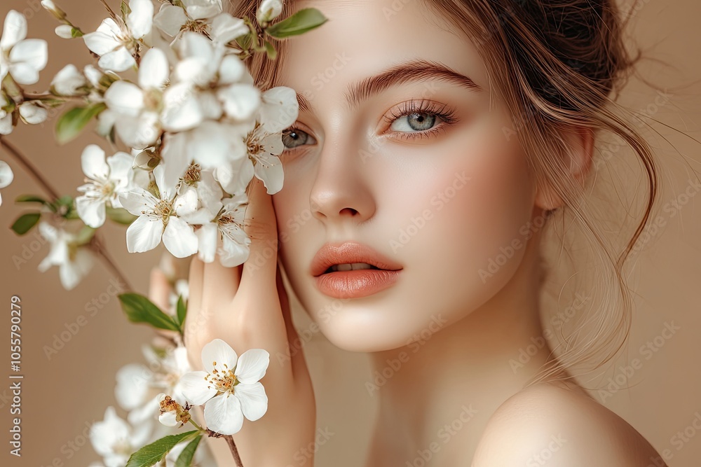 Beautiful woman with fresh flowers in her hand on a beige background, close-up portrait of a beautiful young girl model touching her face and holding a white flower branch Beautiful woman with fresh flowers in her hand on a beige background, close-up portrait of a beautiful young girl model touching her face and holding a white flower branch