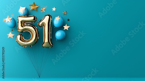 Golden number 51 balloons with blue balloons on a vibrant turquoise background. photo