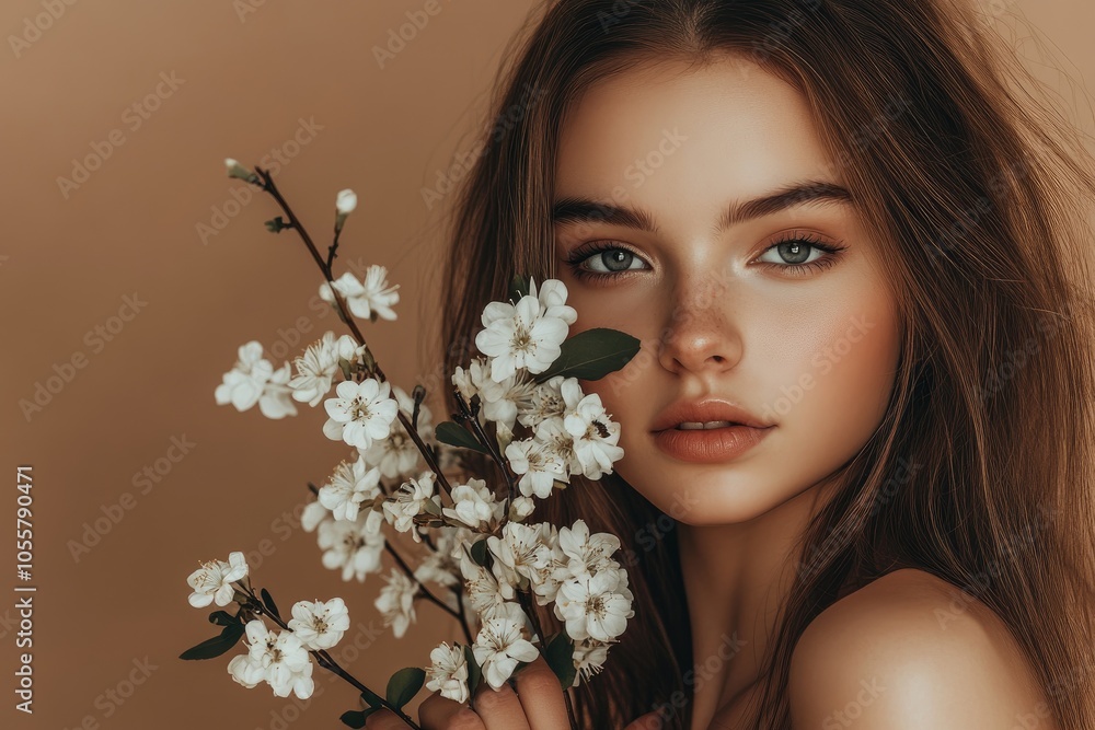 Beautiful woman with fresh flowers in her hand on a beige background, close-up portrait of a beautiful young girl model touching her face and holding a white flower branch