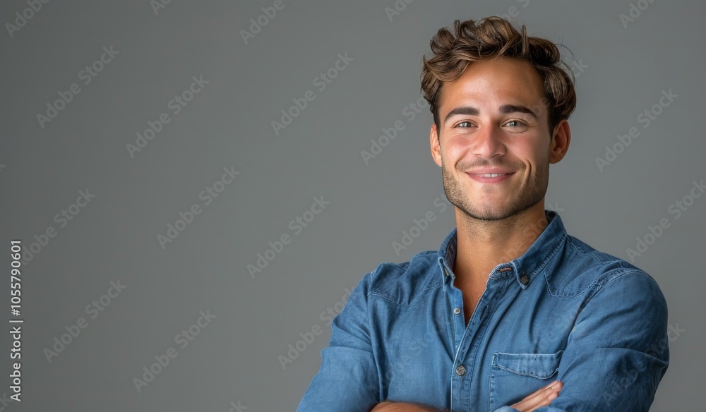 Obraz premium Smiling Man In Denim Shirt Against Gray Wall