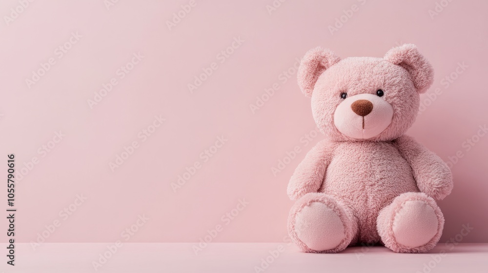 Bear plush toy on soft pink backdrop with ample copy space Bear plush toy on soft pink backdrop with ample copy space