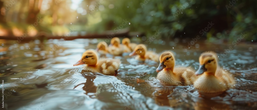 A serene row of ducklings glides through sunlit waters, creating a tranquil ripple effect in the natural, idyllic woodland setting. A serene row of ducklings glides through sunlit waters, creating a tranquil ripple effect in the natural, idyllic woodland setting.