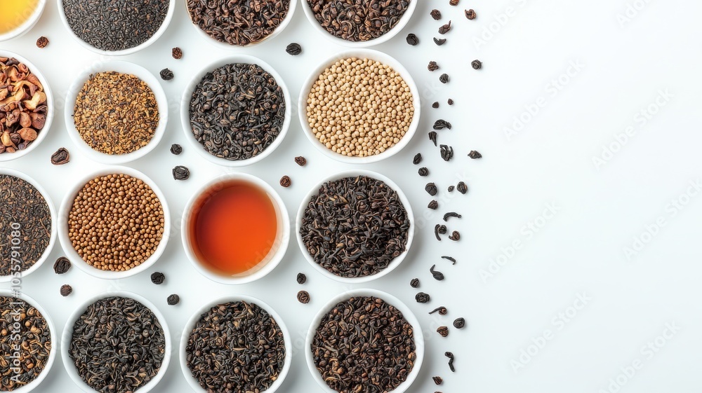 A vibrant arrangement of various spices and seeds in white bowls, showcasing rich colors and textures, ideal for culinary inspiration. A vibrant arrangement of various spices and seeds in white bowls, showcasing rich colors and textures, ideal for culinary inspiration.