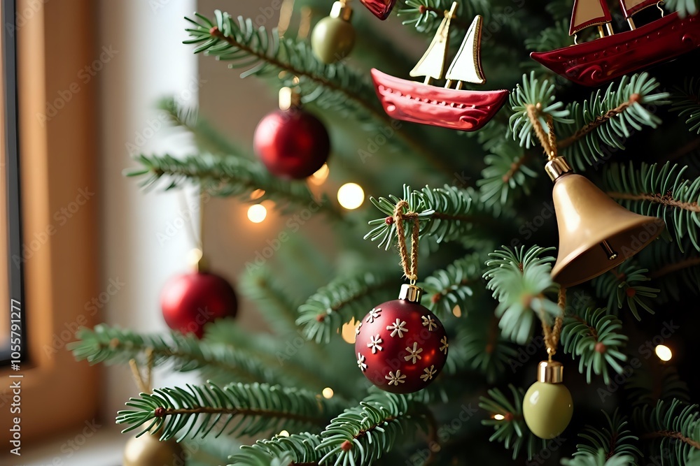 Fototapeta premium Greek-style Christmas tree adorned with olive ornaments, miniature boats, and traditional bells, surrounded by warm festive lights and soft wooden tones