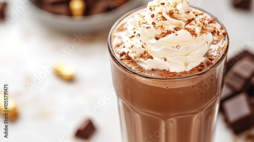 Chocolate milkshake topped with whipped cream in a glass