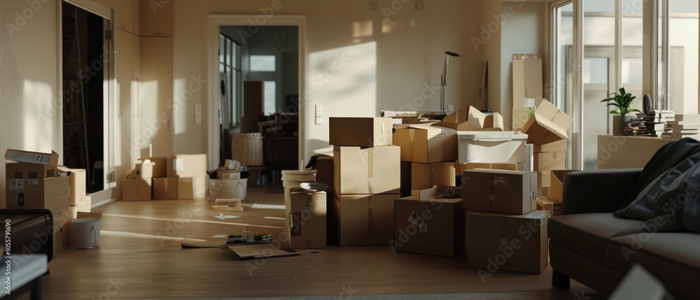 Sunlight streams into a room cluttered with moving boxes, signaling a transition and new beginnings in an inviting home setting. Sunlight streams into a room cluttered with moving boxes, signaling a transition and new beginnings in an inviting home setting.