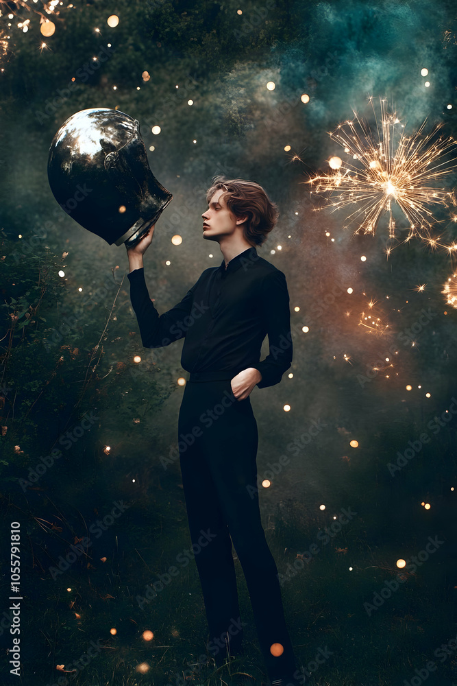 A figure holds a reflective skull against a cosmic backdrop with fireworks. A figure holds a reflective skull against a cosmic backdrop with fireworks.