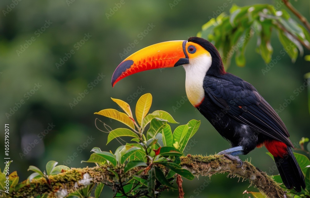 Colorful Toucan Perched on a Branch in a Tropical Rainforest Colorful Toucan Perched on a Branch in a Tropical Rainforest
