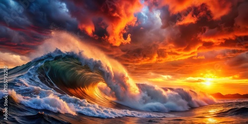 Colossal wave under fiery sunset sky in raging storm at open sea evokes awe nature power and beauty