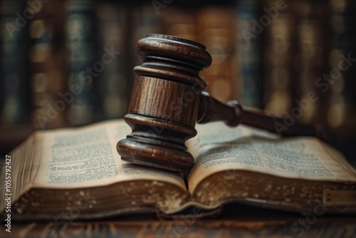 Gavel and book on table, law concept. Close-up of a wooden judge's gavel or mallet with a stand over open books in a dark room. Playground background. Space for text.