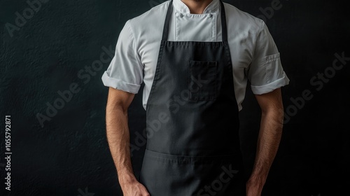 Fototapeta Naklejka Na Ścianę i Meble -  Mockup featuring a chef waiter or baker in a plain black apron set against a dark background