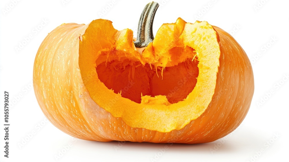 Obraz premium Cut open Halloween pumpkin featuring a Baby Bear design revealing its vegetable flesh and seeds Isolated on a white background