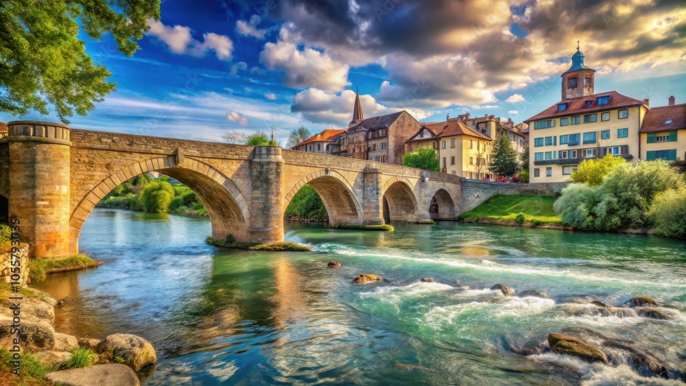 Fototapeta premium Scenic river flowing under ancient stone bridge in charming European city