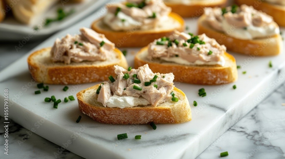 Baguette slices topped with fresh tuna cream cheese and chopped chives on a marble board arranged for a festive dining experience Baguette slices topped with fresh tuna cream cheese and chopped chives on a marble board arranged for a festive dining experience