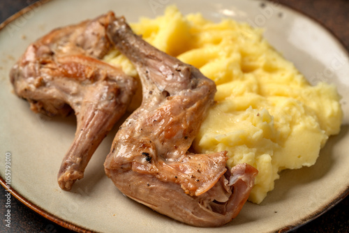 Slices of stewed rabbit and mashed potatoes on a plate closeup