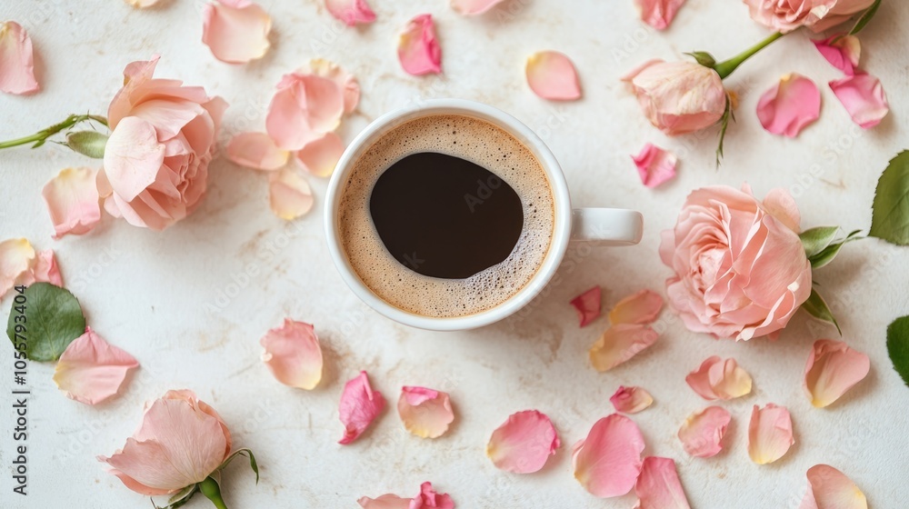 Morning coffee cup surrounded by petals and lovely pink roses on a white stone table elegantly arranged in a flat lay style for a cozy breakfast occasion Morning coffee cup surrounded by petals and lovely pink roses on a white stone table elegantly arranged in a flat lay style for a cozy breakfast occasion