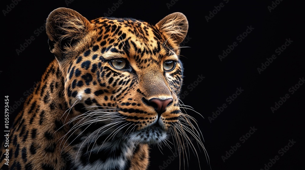Fototapeta premium Closeup Of Leopard Panthera Pardus Kotiya Looks Forward With Black Background
