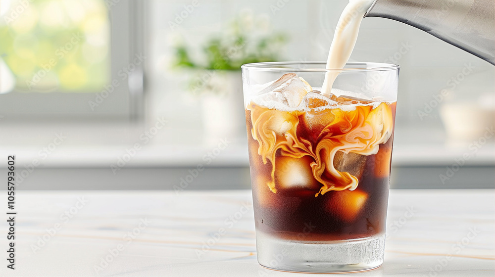Iced coffee with milk pouring over ice in a glass for refreshing coffee drink inspiration Iced coffee with milk pouring over ice in a glass for refreshing coffee drink inspiration