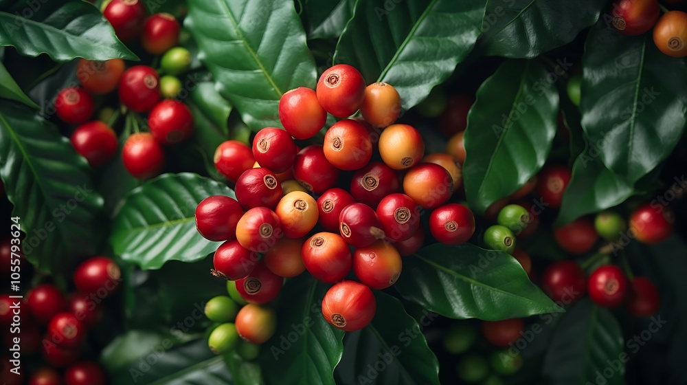 Closeup of coffee fruit in coffee farm and plantations generative ai Closeup of coffee fruit in coffee farm and plantations generative ai