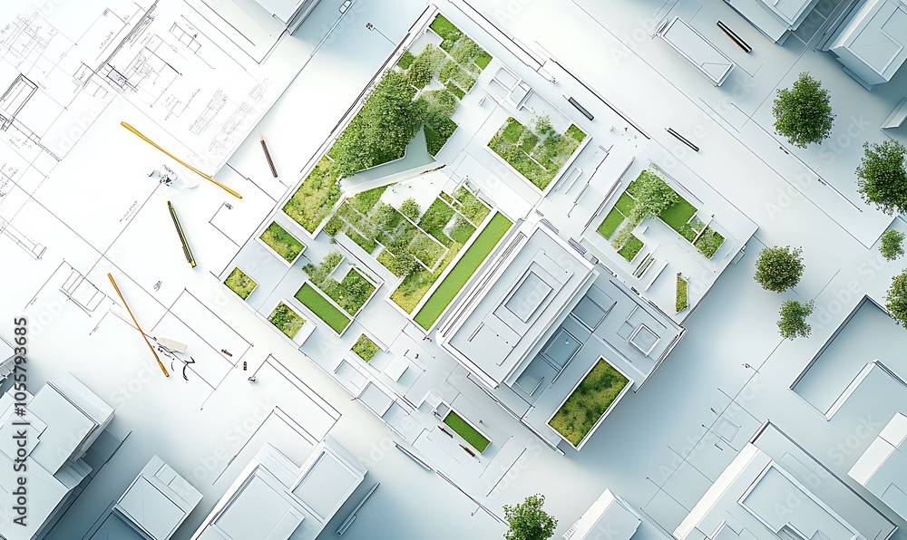 Aerial view of a modern urban landscape featuring green spaces and architectural designs. Aerial view of a modern urban landscape featuring green spaces and architectural designs.