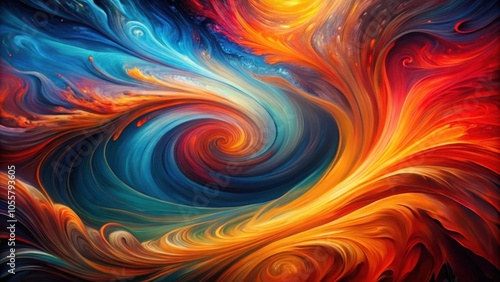 Vivid Abstract Painting of Swirling Red Orange Blue and Black Colors