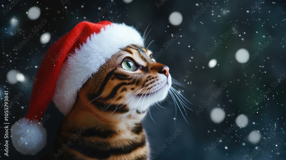 Fototapeta premium Bengal cat adorned with a festive Santa hat capturing the spirit of the holiday season