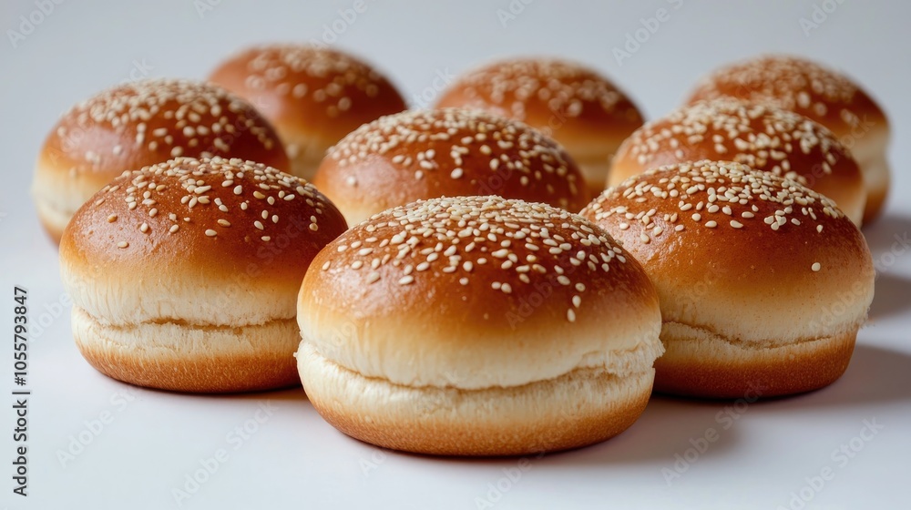 Hamburger buns displayed against a plain white backdrop Hamburger buns displayed against a plain white backdrop