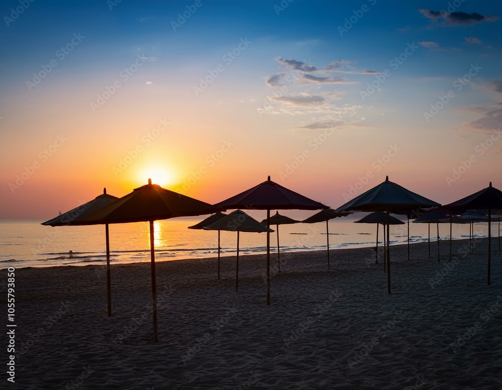 A sunset on the beach with tents A sunset on the beach with tents