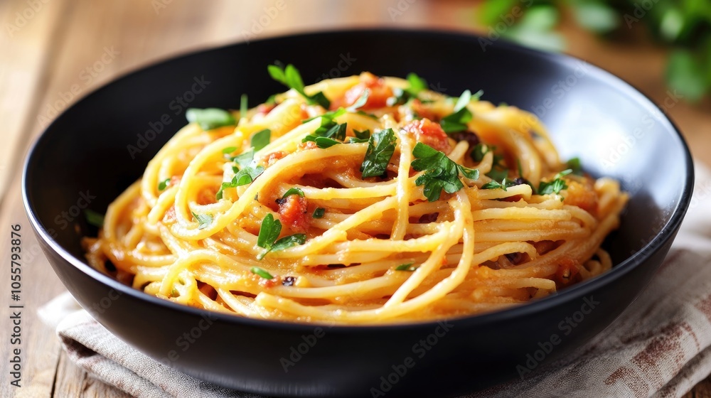 Black bowl filled with vegan spaghetti carbonara featuring orange pumpkin sauce and fresh green herbs set on a kitchen towel atop a wooden surface Black bowl filled with vegan spaghetti carbonara featuring orange pumpkin sauce and fresh green herbs set on a kitchen towel atop a wooden surface