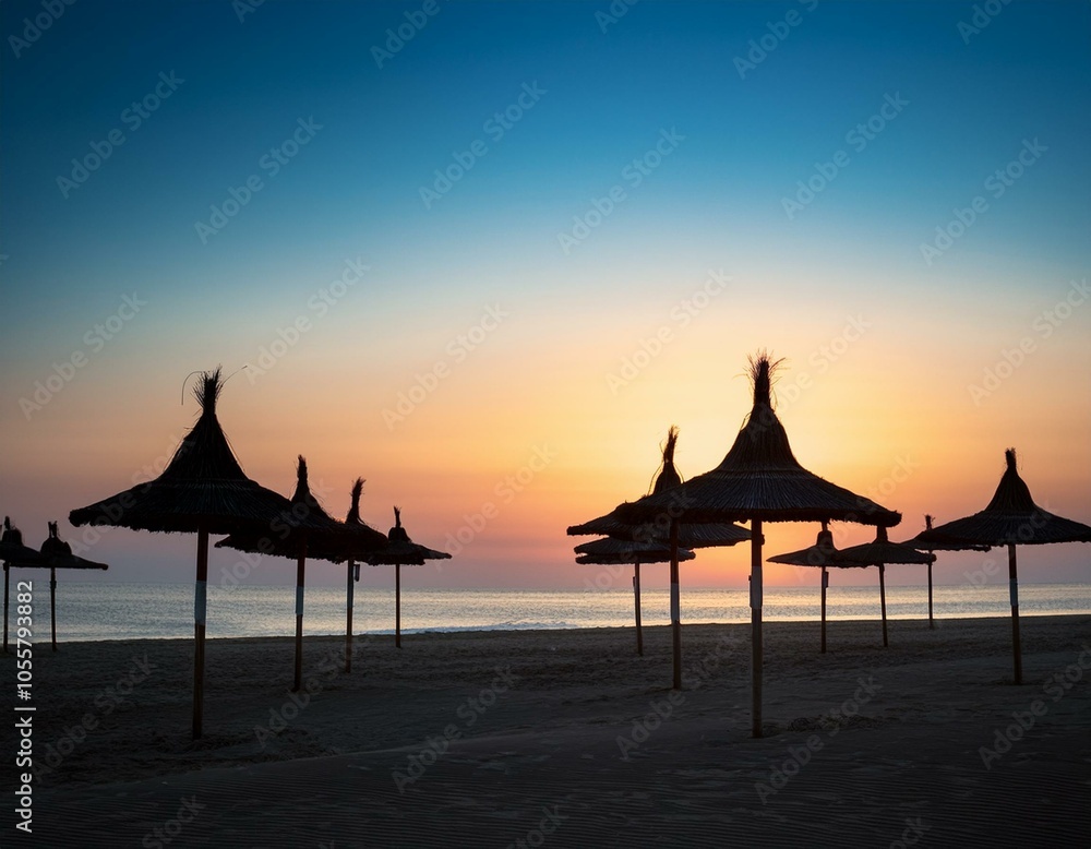 A sunset on the beach with tents A sunset on the beach with tents