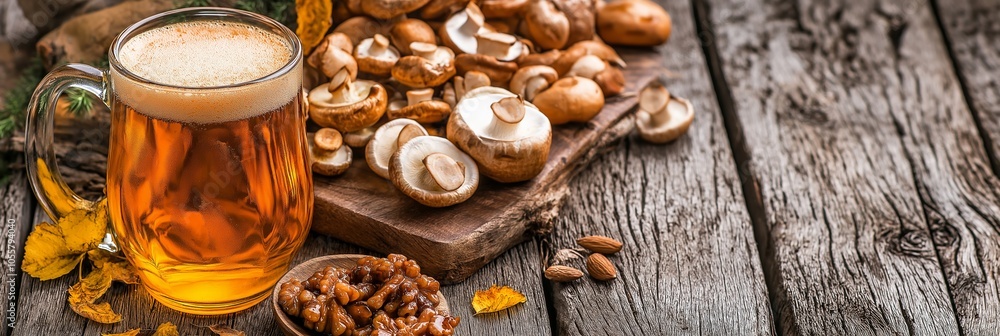 A mug of frothy beer is set on a table alongside mushrooms. A mug of frothy beer is set on a table alongside mushrooms.