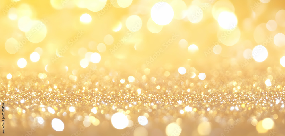A shimmering golden background with soft bokeh lights for decorative use.